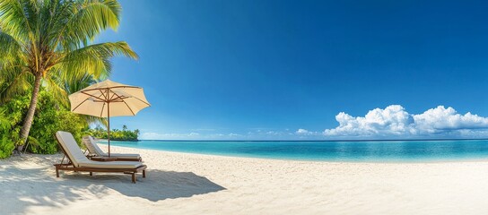 Two lounge chairs with white cushions under a beach umbrella on a white sand beach with turquoise blue water and a palm tree in the foreground.