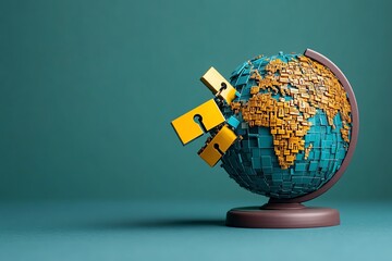 Minimalist abstract of a globe with digital locks breaking open, symbolizing global hacktivist efforts to free information