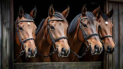 Obraz premium Four horses with bridles peering out from a stable.