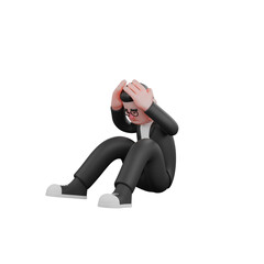 3D Media Editor Male. A male editor is sitting with his legs slightly bent and his hands holding his head. Professional Illustration