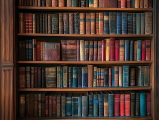 A close-up shot of a wooden bookshelf filled with rows of aged, leather-bound books, highlighting the rich history and knowledge contained within.