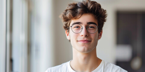 Cheerful Young Man with Glasses Smiling in Bright Indoor Setting