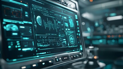 Fototapeta premium Cutting edge robotic surgery tools and holographic patient data displayed in a futuristic technologically advanced healthcare setting