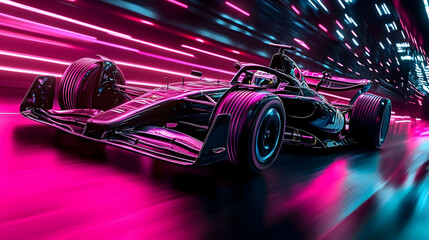 Futuristic racing car in a neon-lit environment.