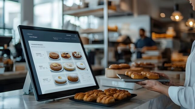 A state of the art robotic bakery showcasing the future of food a sleek digital order screen and AI powered pastry production for an efficient modern culinary experience