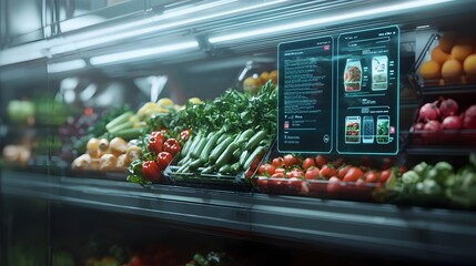 Cutting edge holographic food market showcasing the future of digital grocery shopping with interactive product displays and a sleek futuristic aesthetic