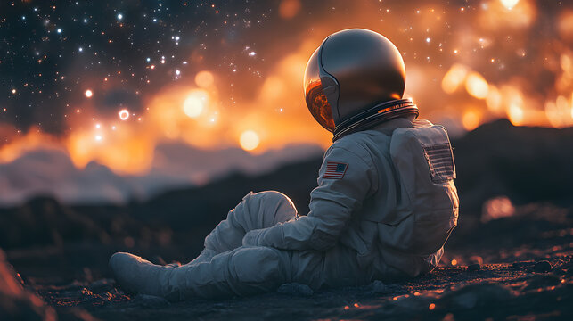 ni&ntilde;o sentado en el espacio imaginando con motivacion y aspiraciones en el espacio interestelar diversion e imaginacion 