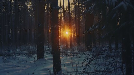 Naklejka premium Sunset in the winter forest. Winter landscape with sunbeams