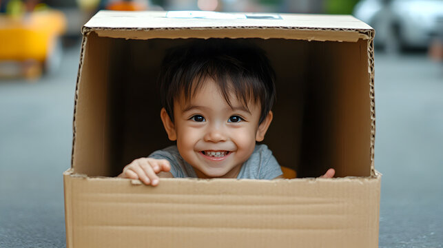 un peque&ntilde;o ni&ntilde;o dentro de una caja de carton jugando e imaginando divertido y feliz con inocencia y alegria 