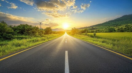 Scenic Rural Road Stretching into Vibrant Sunset