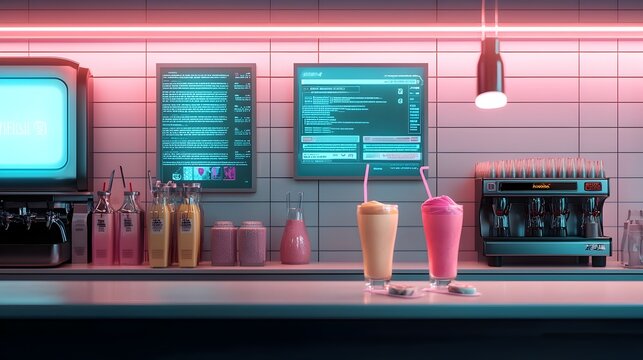 Futuristic Smoothie Bar showcasing AI blended drinks and a sleek digital menu that offers a vibrant high tech atmosphere with glowing neon colors