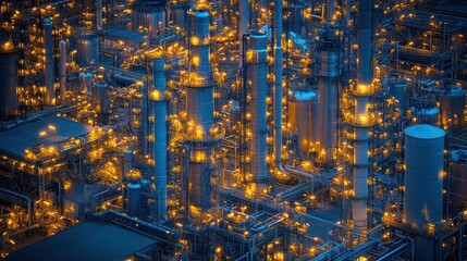 An aerial view of a large industrial complex at night, with coun