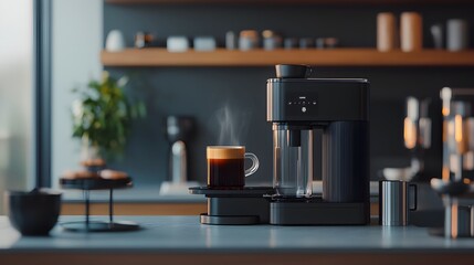 Innovative AI powered coffee machine with sleek futuristic design elements in a modern minimalist caf or workspace setting