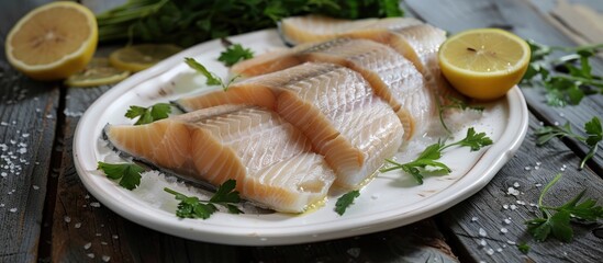 Salted Arctic Char Fillet Slices with Lemon and Parsley on White Plate on Rustic Wooden Table