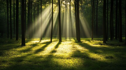 Fototapeta premium A tranquil forest scene illuminated by sunlight, casting beautiful shadows on the lush green grass. Perfect for nature enthusiasts.