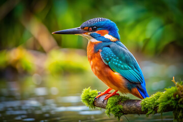 Fototapeta premium Kingfisher perching on a branch. Image of common kingfisher (Alcedo atthis)