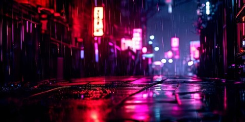 Fototapeta premium A city street at night with neon signs and rain