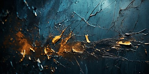 A painting of a broken window with a lot of splinters and debris