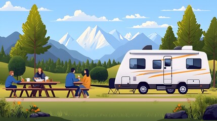 A group of campers enjoying an outdoor summer holiday cooking a meal at a picnic table with an RV trailer in the scenic background capturing the spirit of adventure and recreation in nature