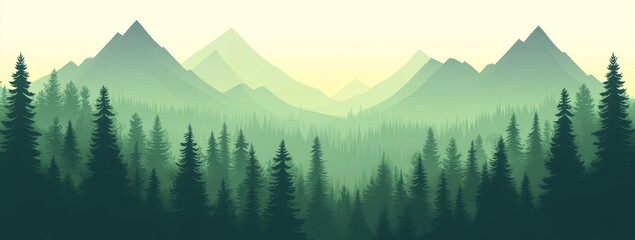 A silhouette of a lush green forest in front of a hazy mountain range under a soft, pale, sunrise sky.
