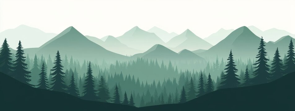 A misty, green mountain range with a forest of pine trees in the foreground.