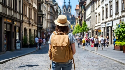 Backpack clad female traveler walking on a bustling city street rearview emphasizing the joy and excitement of a summer vacation and discovery with an advanced tone and a vibrant triadic color scheme