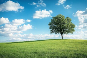 Single tree standing on a green field under a blue sky with white clouds.