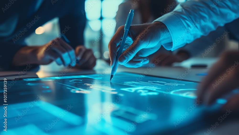 Poster Close-up of a person's hand using a stylus to interact with a glowing digital tablet screen.