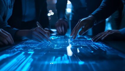 Close-up of hands using a digital pen and touchscreen, interacting with data visualization.