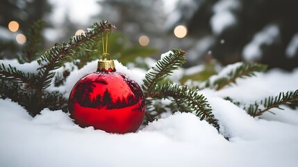 A Red Christmas Ornament Hanging on a Snow-Covered Pine Branch