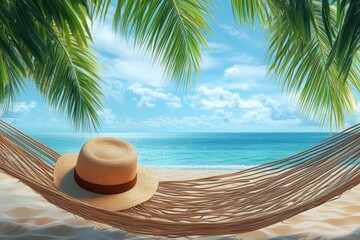 Obraz premium A straw hat resting on a hammock with a view of the ocean.