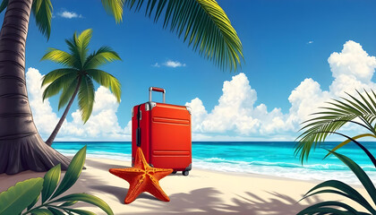 Fototapeta premium red suitcas beach tropical palm