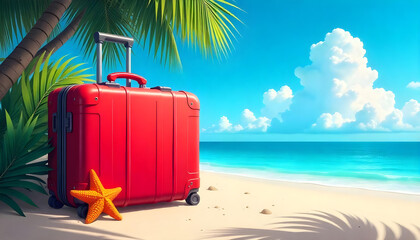 Fototapeta premium red suitcas beach tropical palm