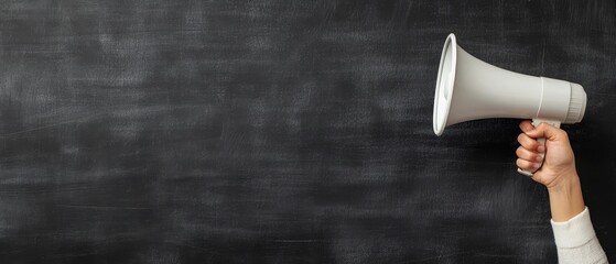 Hand holding white megaphone against black background with copy space.