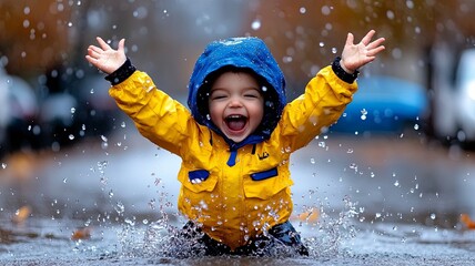 Happy Child Jumping in Puddle on Rainy Day