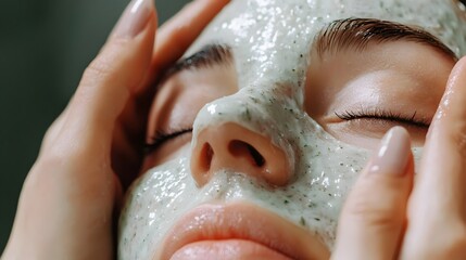 Obraz premium Closeup of facial care routine Young woman receiving peeling mask treatment hands of cosmetologist at work in peaceful relaxing spa salon setting Beauty skincare and self care concept