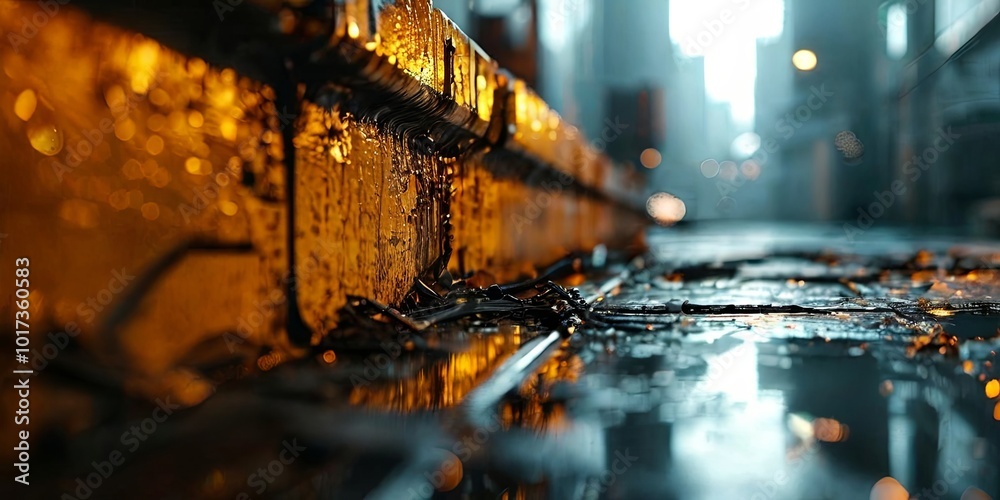 Poster a blurry image of a city street with a reflection of a building in the water
