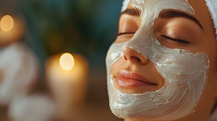 Closeup of a young woman receiving a relaxing facial peeling mask treatment from a cosmetologist in a soft lit calming spa environment