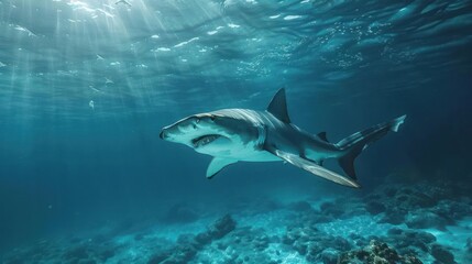 Fototapeta premium a shark swims through the water near a coral reef