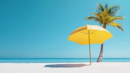 Tropical Beach with Yellow Umbrella and Palm Tree