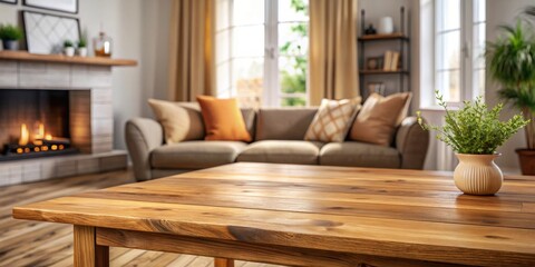 Wooden table in cozy living room setting, home decor, interior design, furniture, rustic, vintage, comfortable, cozy