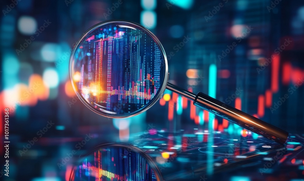 Poster a magnifying glass magnifies a digital data chart with blue, red, and yellow elements against a blur