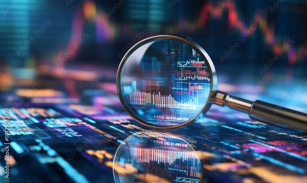 Poster magnifying glass over colorful data charts.