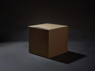 Tiny pristine cardboard box centered on black, sharp edges, soft side light casts an elongated shadow.