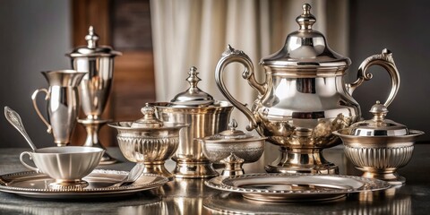 Elegant antique silver tableware set for a sophisticated dining room , vintage, ornate, stylish, upscale, luxurious