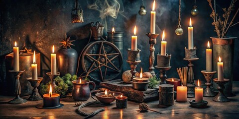 Dark and eerie composition of black magic candles, witchcraft tools, and occult items in a ritual scene