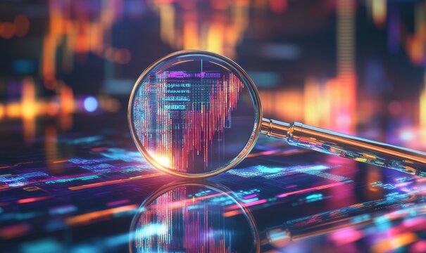 A magnifying glass focuses on a digital code, a representation of the modern world's reliance on technology and data.