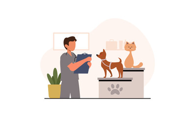 Pet veterinarian concept. Veterinary doctor checking and treating illustration