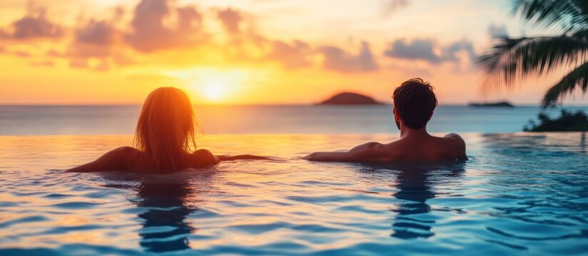 A couple enjoying a sunset view while relaxing in an infinity pool.