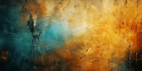 A painting of a wall with a blue and yellow color scheme